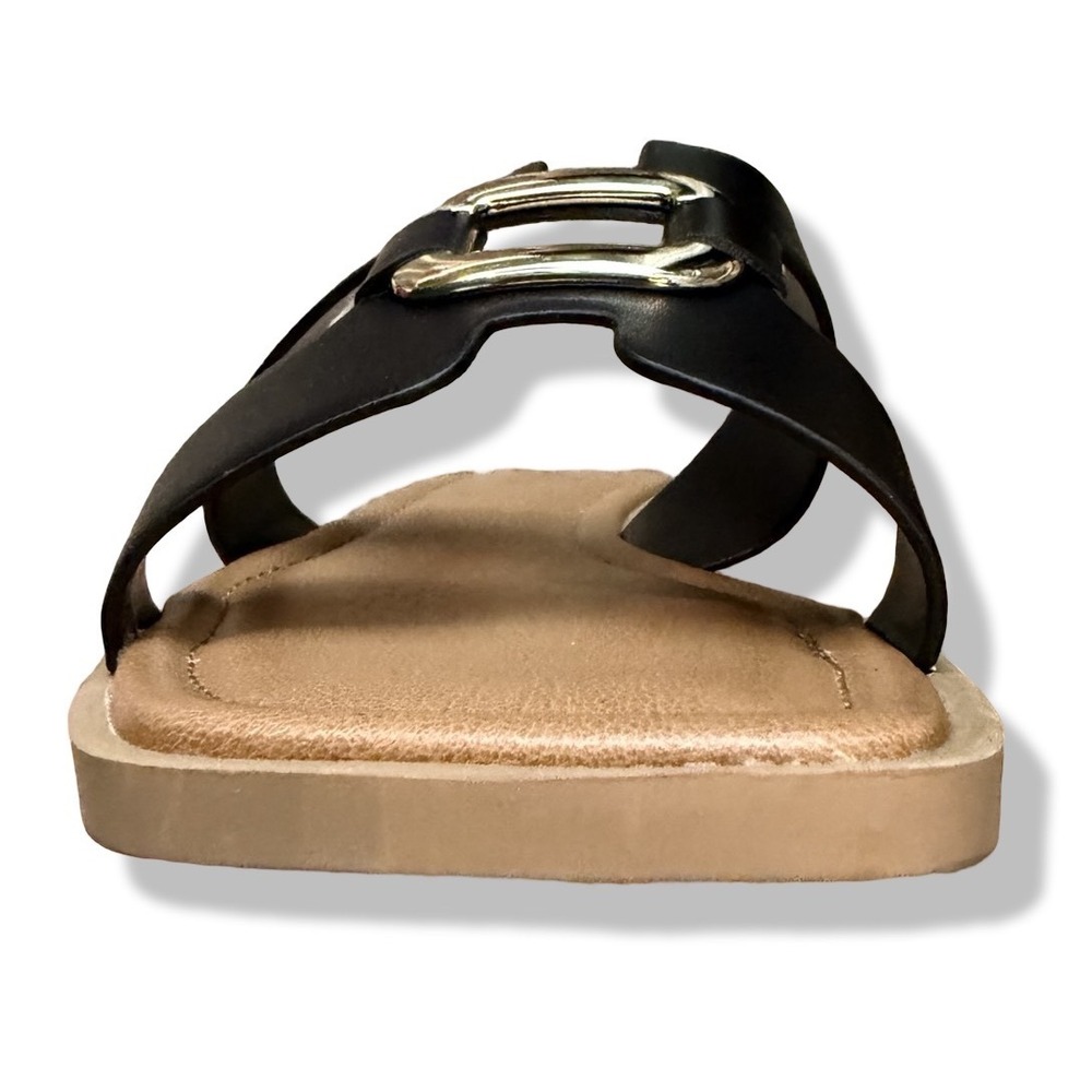 SODA FENG SANDALS Black Faux Leather Slide Gold Buckle Sz 10 - Picture 12 of 14